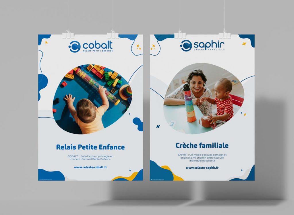 Maquette de présentations des affiches COBALT - Relais Petite Enfance et SAPHIR - Crèche familiale, entités de CÉLESTE, groupe associatif expert de la petite enfance